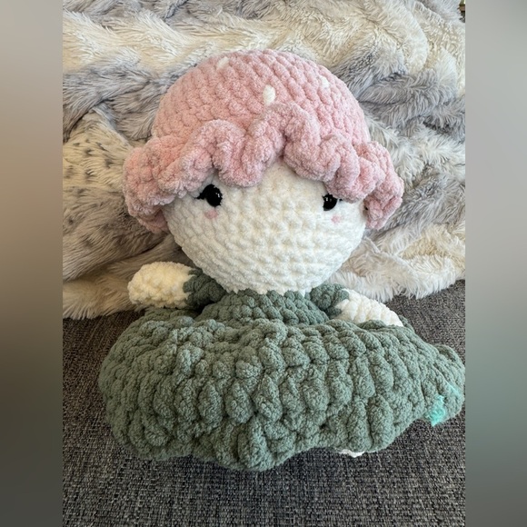 Crocheted Mushroom Toadstool Doll with olive green dress - Picture 1 of 2